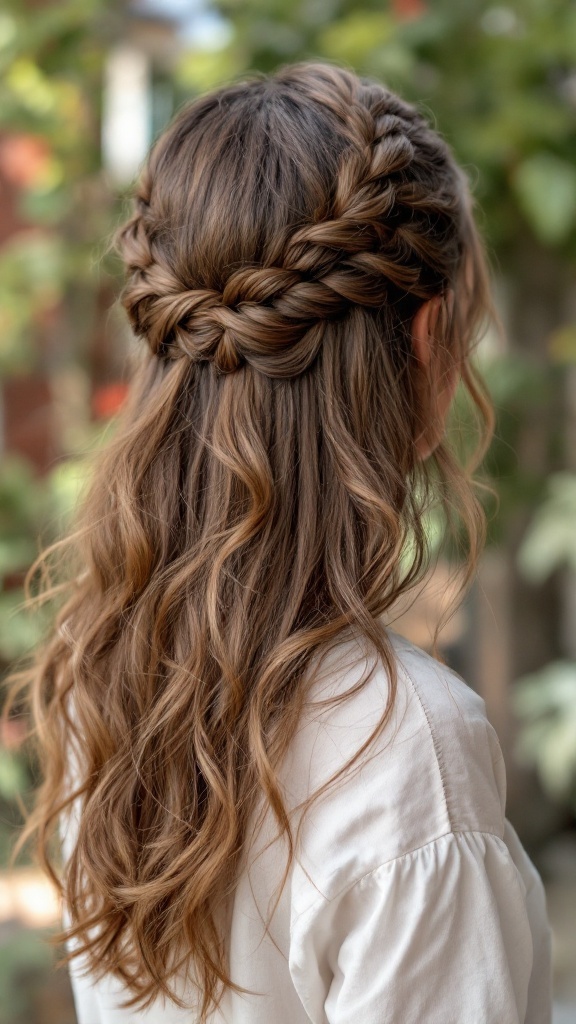 A woman with long hair styled in a braided half-up hairstyle, showcasing intricate braids and flowing hair.