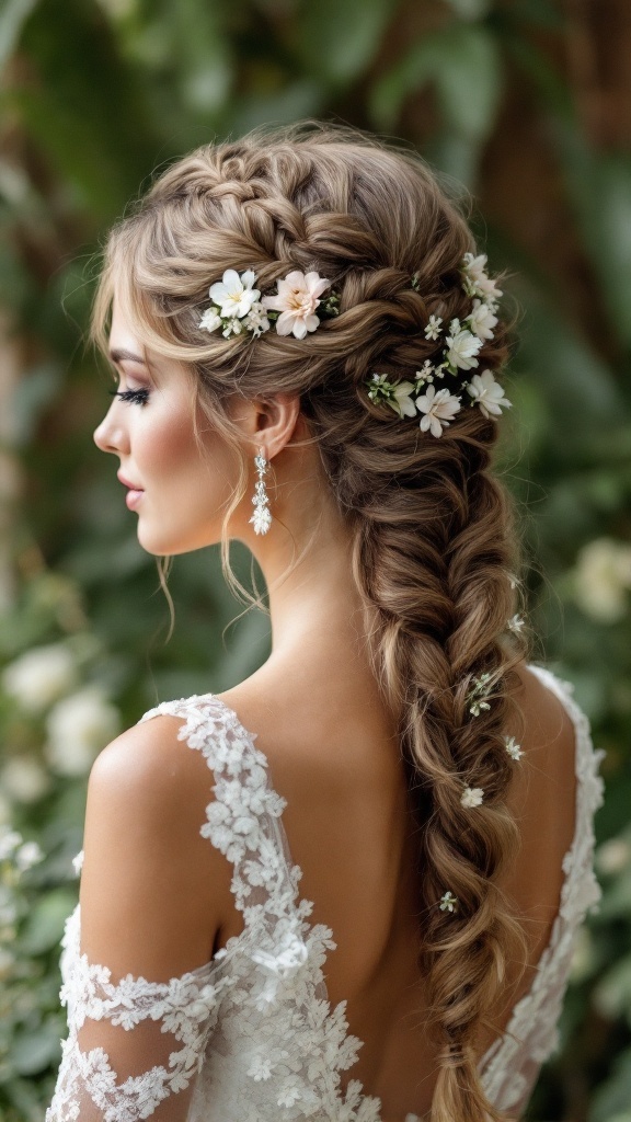 A side view of a woman with a braided half-up hairstyle adorned with flowers.