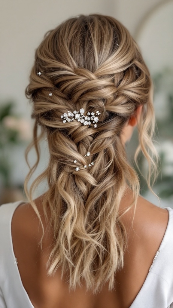 A braided half-up hairstyle decorated with sparkling pins, perfect for a mother of the bride.
