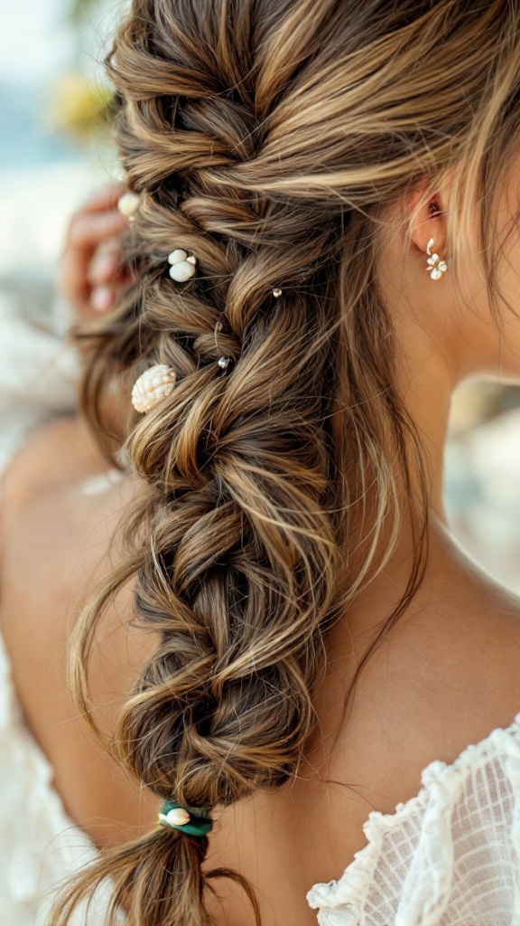 A close-up of a braided half-updo hairstyle adorned with seashells, showcasing a relaxed beach look.