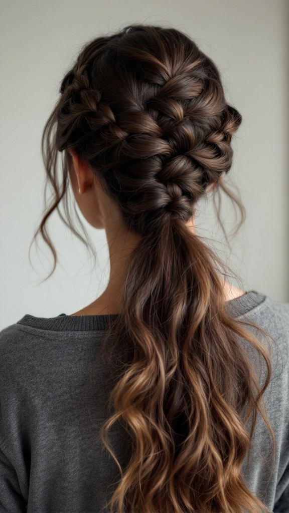 A woman with a braided half up half down ponytail hairstyle, featuring intricate braids on the top and wavy hair below.