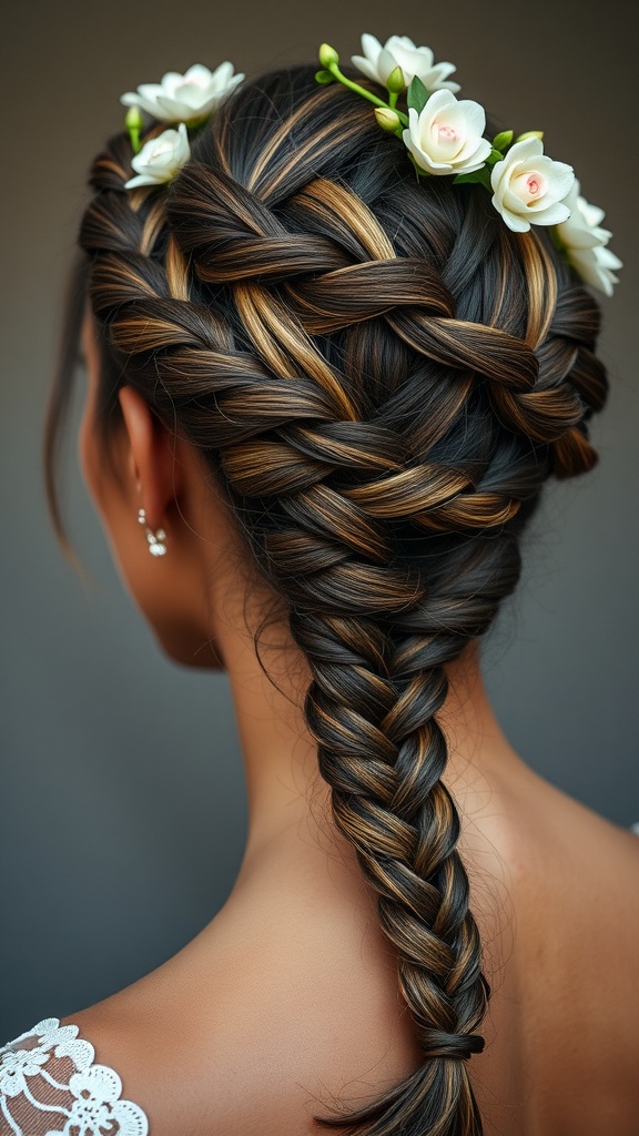 A woman showing off a braided halo hairstyle adorned with white flowers, showcasing intricate braiding and a bohemian vibe.