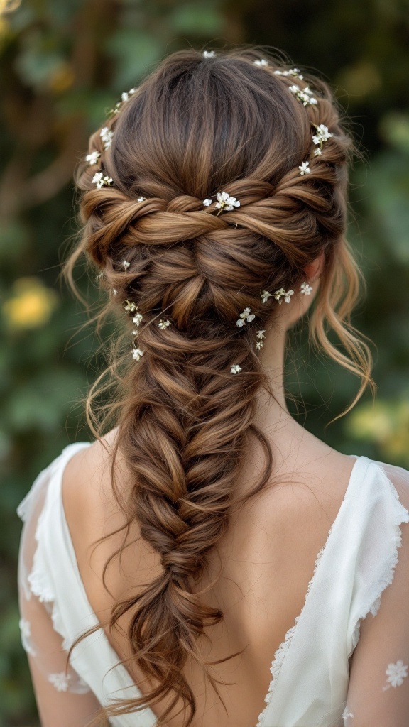 A braided halo hairstyle with loose tresses and floral accents.
