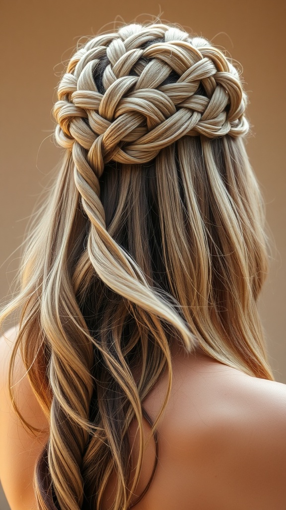 A beautiful braided headband hairstyle on a woman with long hair, showing a detailed, woven braid at the crown.