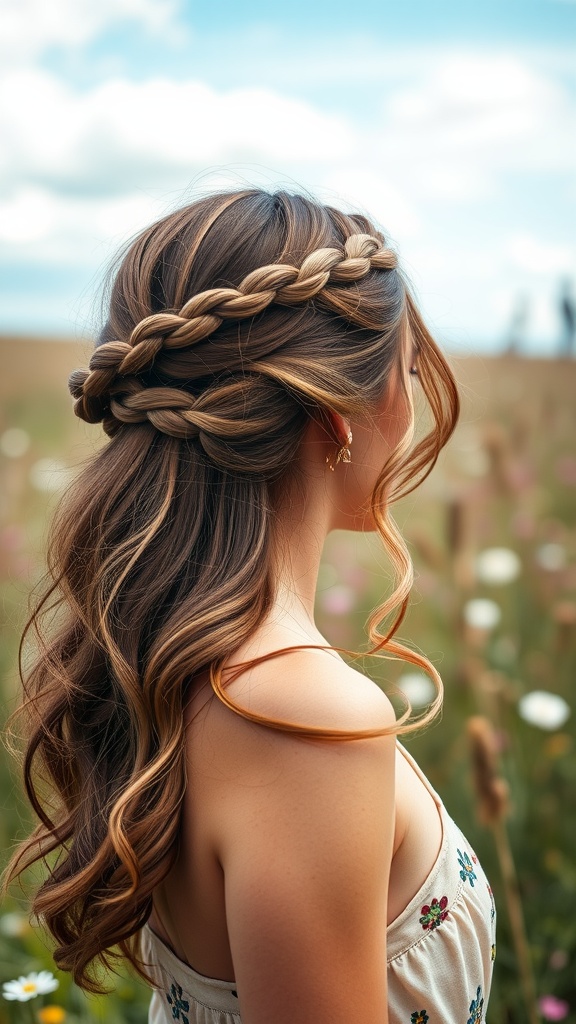 A woman with a braided headband hairstyle in a field of flowers.