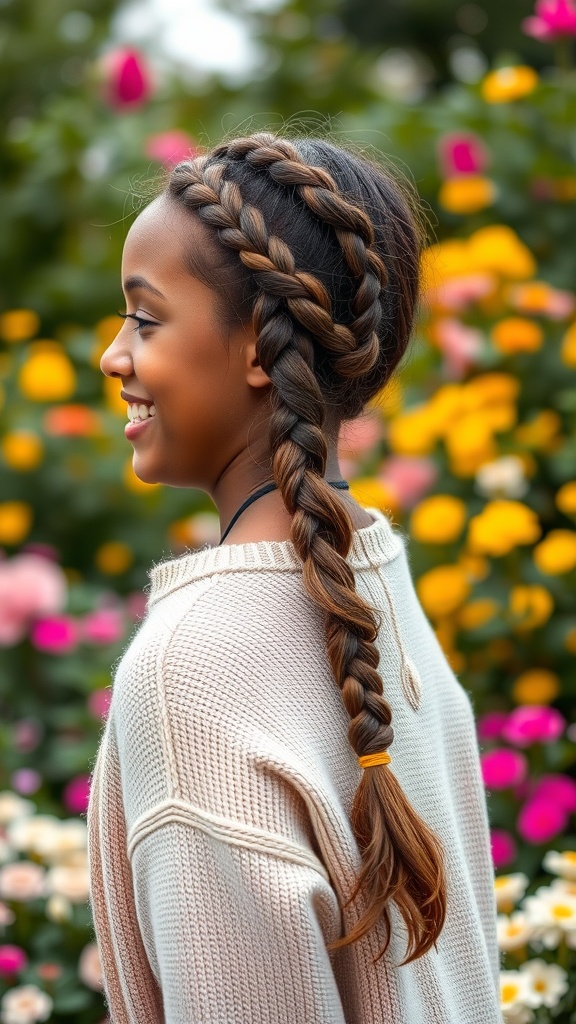 A young woman with a braided headband hairstyle and a long braid, smiling in a garden full of colorful flowers.