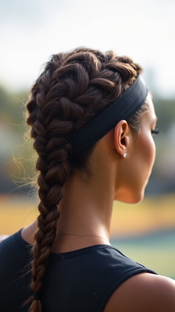 A close-up of a braided hairstyle styled like a headband, worn by an athlete.