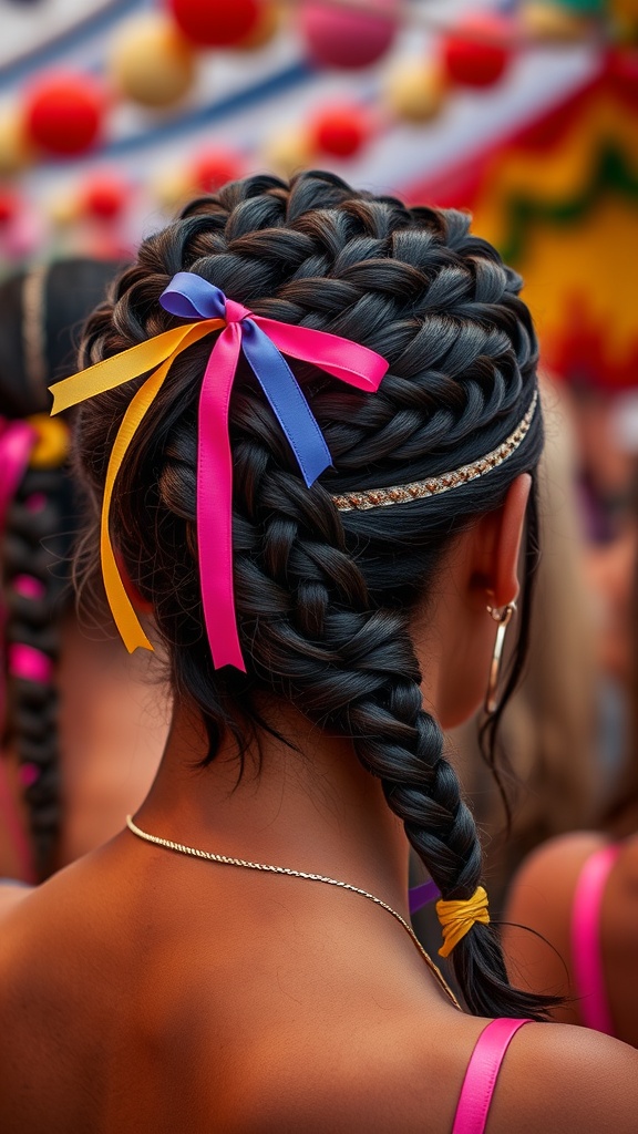 A close-up view of a braided headband hairstyle decorated with colorful ribbons, set in a festive background.