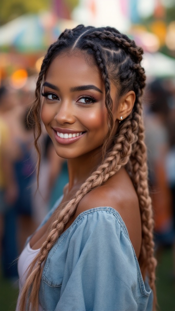 A woman with medium-length layered hair styled in braids, smiling brightly.