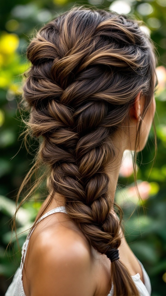 A woman with long layered hair styled in a thick braided hairstyle, showcasing movement and texture.