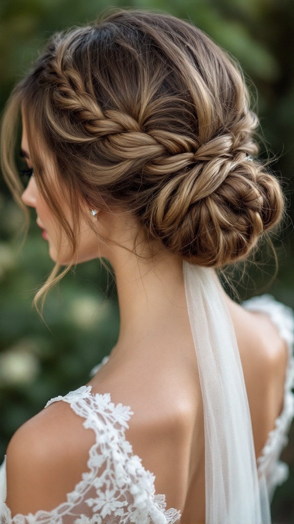 A beautiful braided low bun adorned with a delicate lace veil.