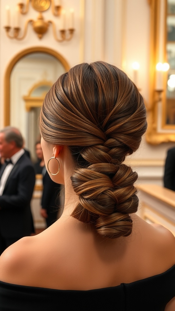 A woman with a braided low chignon hairstyle, showcasing a neat and elegant bun with cascading braids, set against a stylish interior.