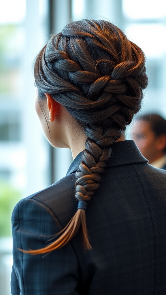 A woman with a braided low ponytail wearing a blazer, showcasing a professional hairstyle.