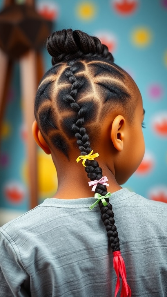 A child with a braided mohawk hairstyle, featuring a bun on top and a long braid with colorful ribbons.