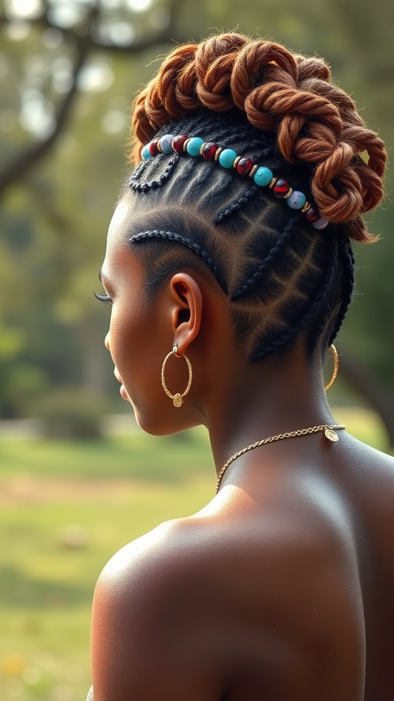 A close-up of a braided mohawk hairstyle with colorful beads and intricate braiding, showcasing a stylish and unique look.