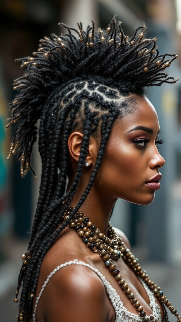 A profile view of a woman with a braided mohawk hairstyle adorned with beads.