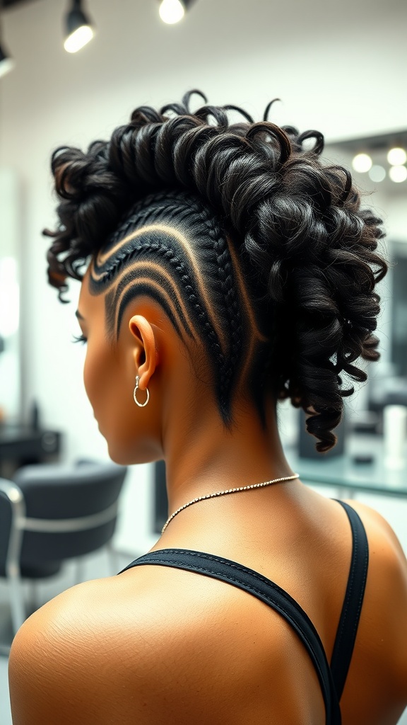 A woman with a braided mohawk hairstyle featuring curly ends, showcasing intricate braiding and voluminous curls.