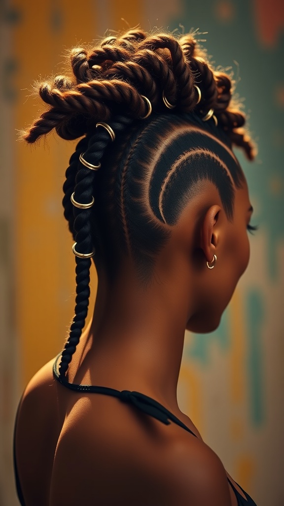 A beautifully styled braided mohawk featuring intricate braids and decorative hair rings