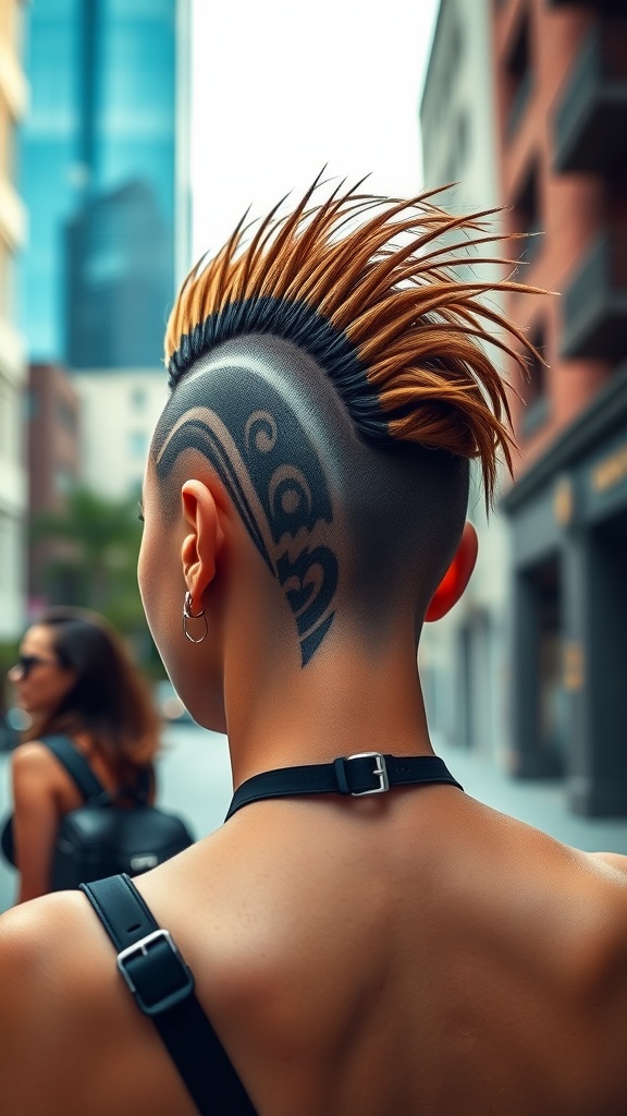 A person with a braided mohawk hairstyle featuring shaved designs on the sides, showcasing a mix of colors and styles.