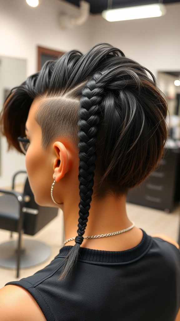 A stylish braided mohawk with side swept bangs, showcasing a braid on one side and shaved sides.
