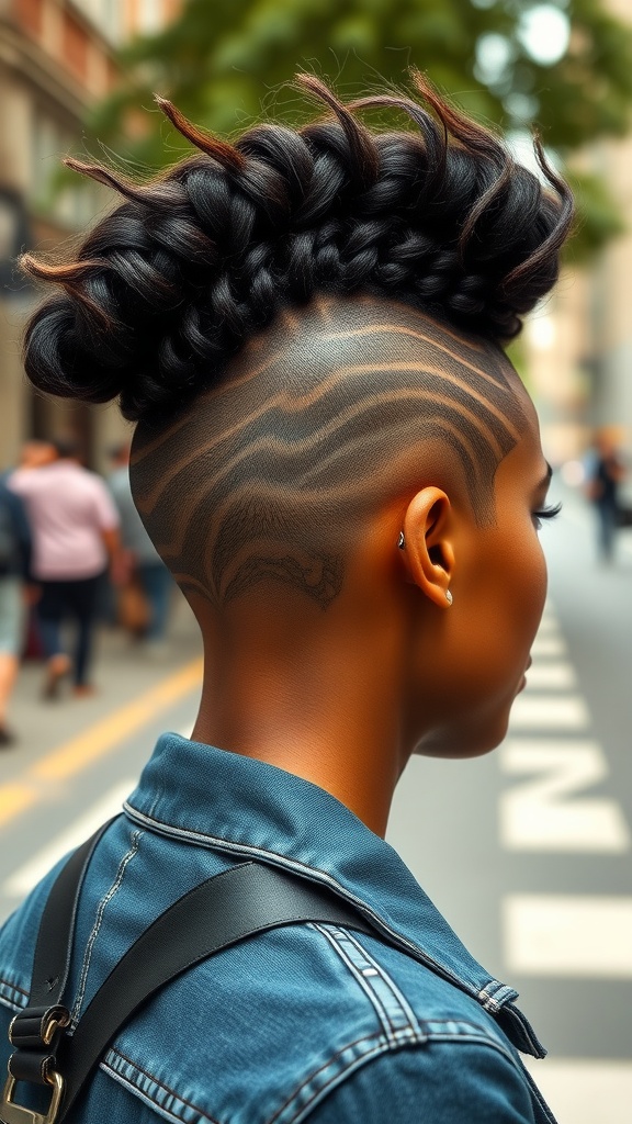 A person showcasing a braided mohawk hairstyle with an intricate undercut design.