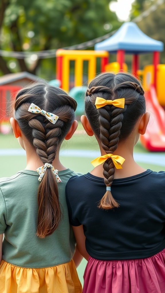 Two girls with braided pigtails wearing cute bows, standing in front of a playground.
