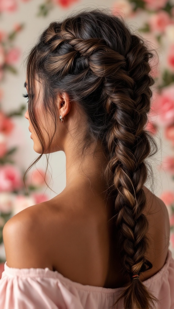 A woman with a braided ponytail, showcasing intricate braiding and soft strands framing her face against a floral background.