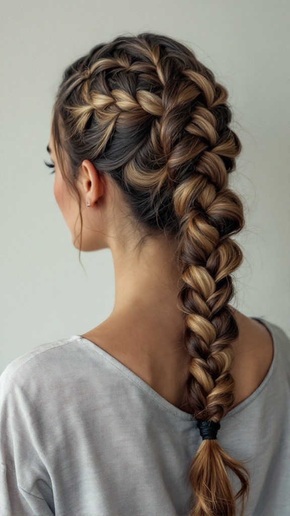 A woman with a stylish braided ponytail, featuring a tight braid flowing into a classic ponytail.