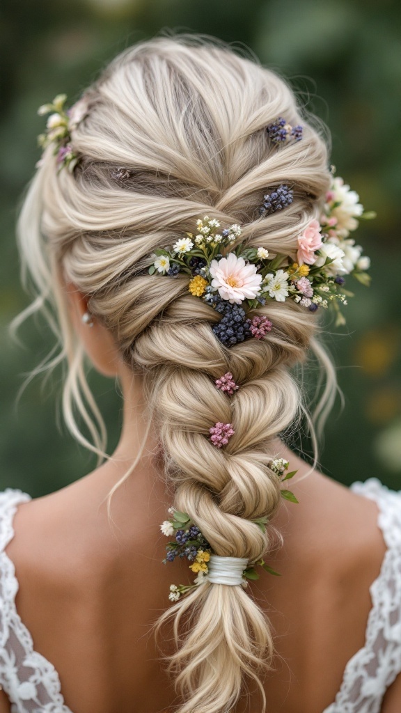 A braided ponytail adorned with colorful flowers, displaying a whimsical hairstyle for bridesmaids.