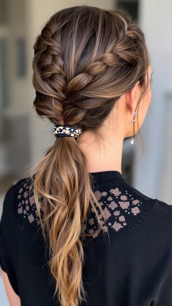 A woman showcasing a modern braided ponytail hairstyle, featuring a sleek braid and a scrunchie.