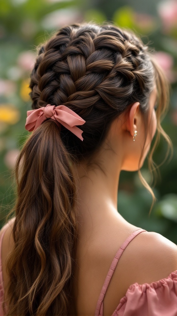 A close-up of a woman with a braided ponytail, featuring a ribbon, surrounded by nature.