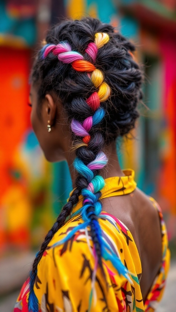 A woman with a braided ponytail featuring vibrant accent colors, wearing a colorful patterned shirt.