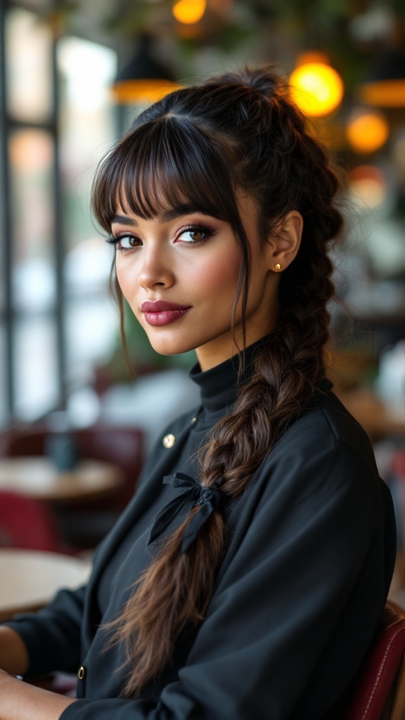 A woman with a braided ponytail hairstyle and bangs, showcasing a stylish and elegant look.