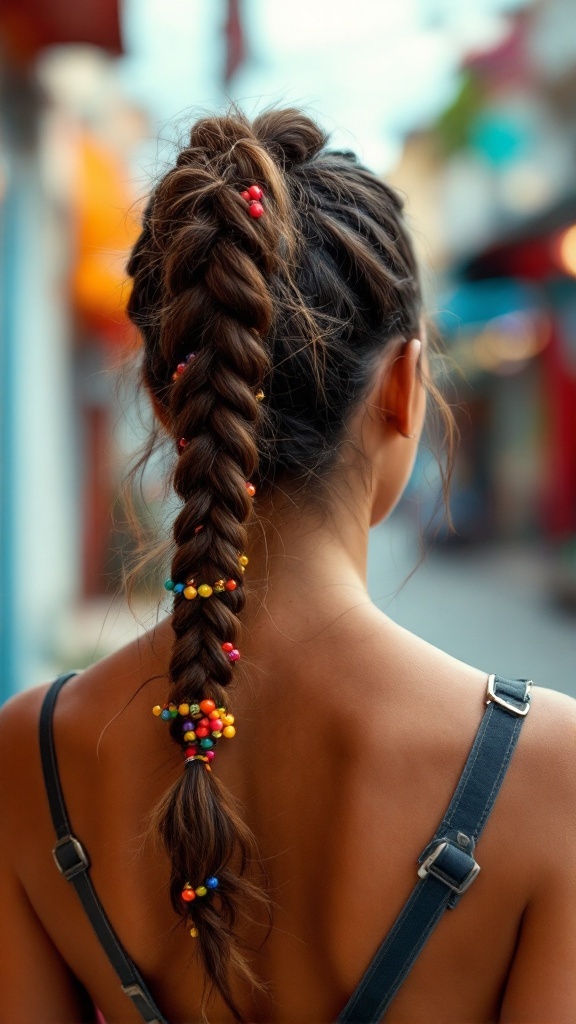 A stylish braided ponytail with colorful beads, showcasing a boho hairstyle.