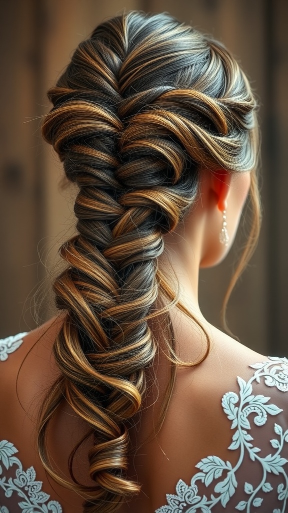 A beautiful braided ponytail hairstyle with cascading strands, showcasing intricate braiding and flowing locks.