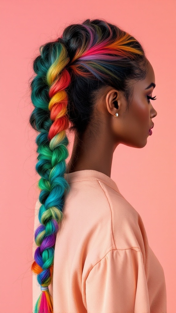 A woman with a colorful braided ponytail, showcasing vibrant hues against a pink background.