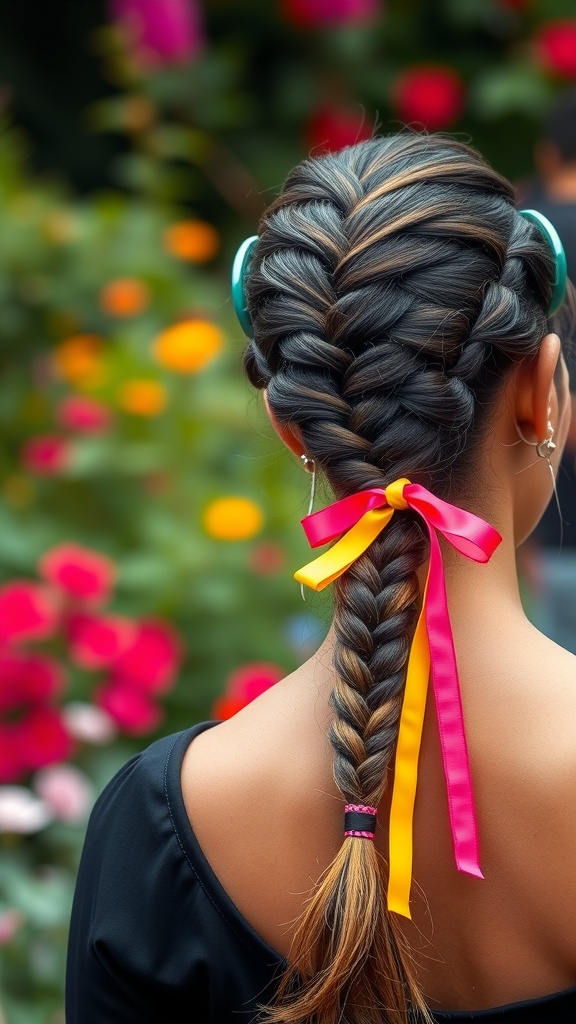 A woman with a braided ponytail decorated with yellow and pink ribbons, standing in front of colorful flowers.
