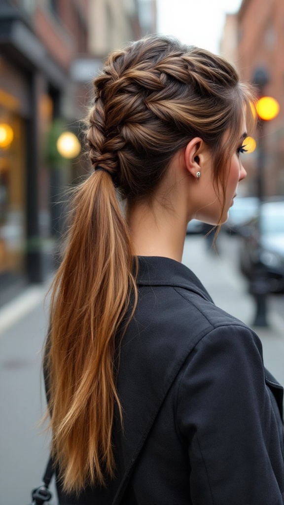 A woman with a braided ponytail and ombre ends, standing in a city street.