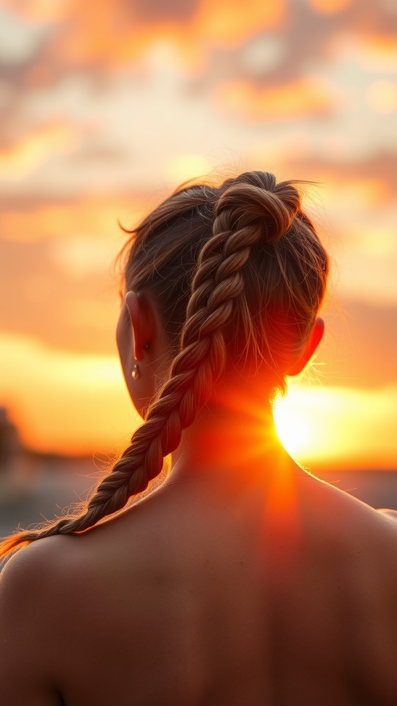 A woman with a braided ponytail standing against a sunset backdrop.