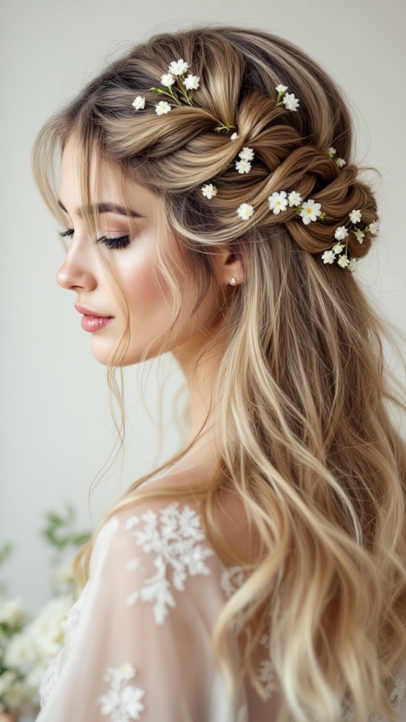 A woman with a braided side accent hairstyle featuring small flowers, showcasing a half up half down look.
