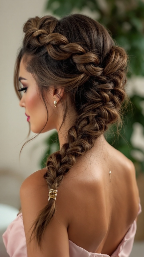 A woman with long hair styled in a braided side part updo, showcasing intricate braids and gold hair accessories.
