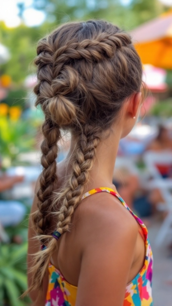 A girl with a braided side ponytail, wearing a colorful swimsuit, seen from the back in a vibrant outdoor setting.