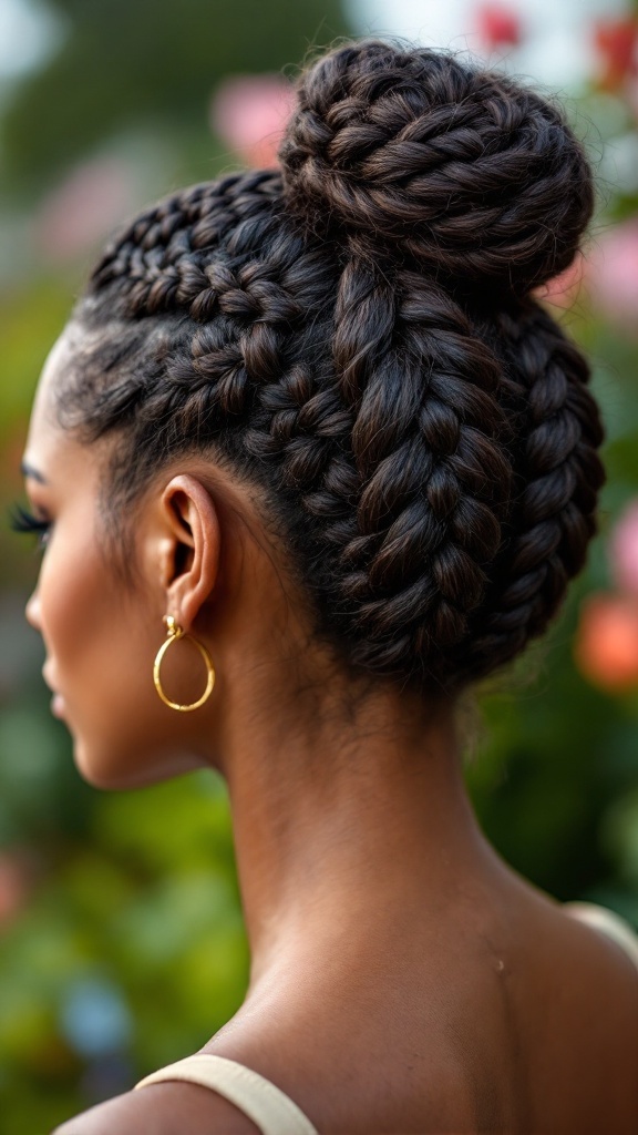 A woman with a braided sleek bun hairstyle, showcasing the elegance and style.
