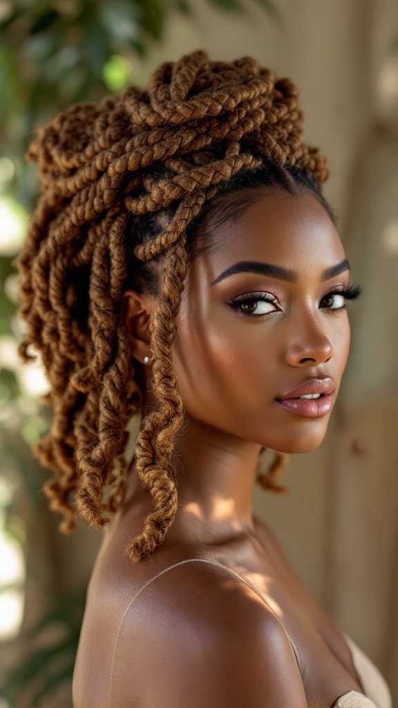 A woman with braided twist-out hairstyle, showcasing textured hair.