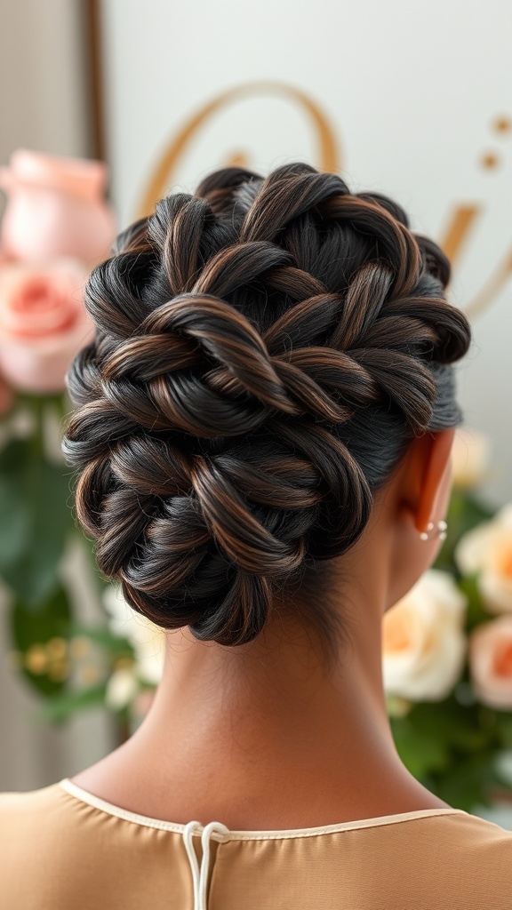 A close-up view of a braided twist bun hairstyle with dark hair and lighter highlights
