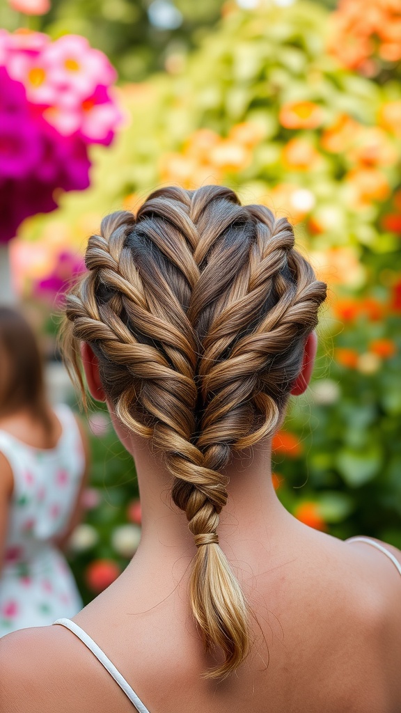 A beautifully styled braided updo with a playful twist, set against a colorful floral background.