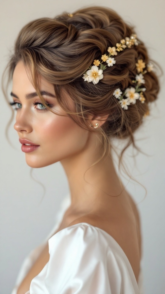 A woman with a braided updo hairstyle, decorated with small flowers, showcasing long hair.
