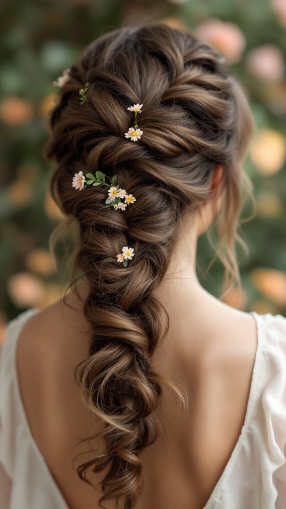 A beautiful braided updo hairstyle with bangs and floral accents