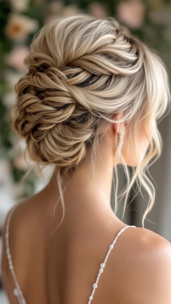 A beautiful braided updo hairstyle featuring blonde hair with bangs.
