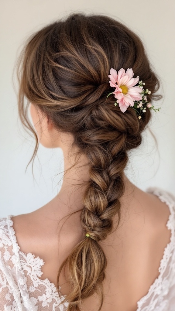 A braided updo hairstyle with a pink flower accent, showcasing a relaxed and elegant look.
